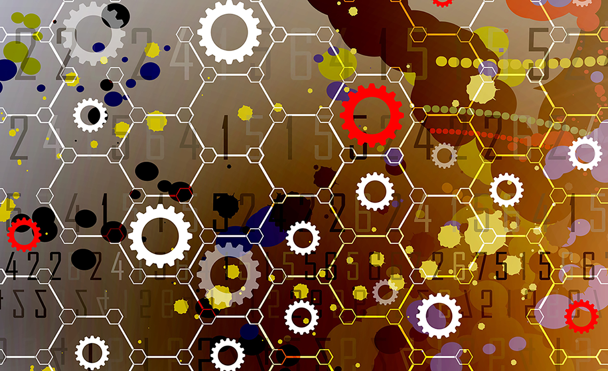 Abstract image showing interconnected hexagons, with circular gears, numbers and lines placed across the top. Virtual concept